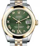 Mid Size 2-Tone Datejust 31mm in Steel with Yellow Gold Smooth Bezel on Jubilee Bracelet with Olive Green Roman Dial