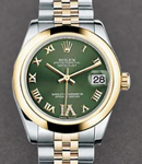 Mid Size 2-Tone Datejust 31mm in Steel with Yellow Gold Smooth Bezel on Jubilee Bracelet with Olive Green Roman Dial