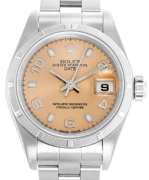Lady's Datejust 26mm in Steel with Engine Turn Bezel on Oyster Bracelet with Salmon Arabic Dial