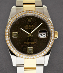 Datejust 36mm in Steel with Yellow Gold Diamond Bezel on Oyster Bracelet with Brown Floral Dial