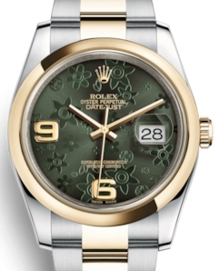 2-Tone Datejust 36mm in Steel with Yellow Gold Domed Bezel on Oyster Bracelet with Green Floral Dial