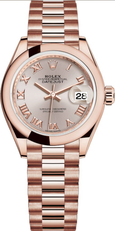 Datejust 28mm Automatic in Rose Gold with Domed Bezel on Rose Gold President Bracelet with Sundust Roman Dial