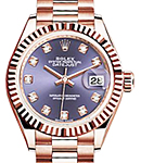 Ladies Datejust 28mm in Rose Gold with Fluted Bezel on President Bracelet with Aubergine Diamond Dial