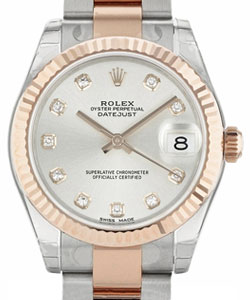 Datejust 31mm  in Steel with Rose Gold Fluted Bezel on Steel and Rose Gold Oyster Bracelet with Silver Diamond Dial