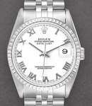 Datejust 36mm in Steel with Engine Turned Bezel on Jubilee Bracelet with White Roman Dial