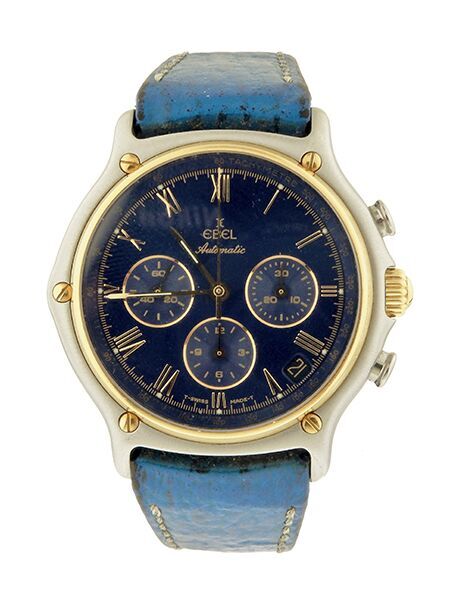 1911 Chronograph in Steel with Yellow Gold Bezel on Blue Leather Strap with Blue Dial