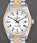 2-Tone Date 34mm with Yellow Gold Fluted Bezel on 2-Tone Jubilee Bracelet with White Dial with Black Roman Numerals