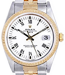 2-Tone Date 34mm with Yellow Gold Fluted Bezel on 2-Tone Jubilee Bracelet with White Dial with Black Roman Numerals