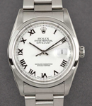 Datejust 36mm in Steel with Smooth Bezel on Oyster Bracelet with White Roman Dial