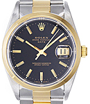 Date 34mm in Steel with Yellow Gold Fluted Bezel on Oyster Bracelet with Black Stick Dial