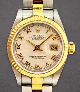 2-Tone Datejust Lady's 26mm Smooth Bezel on Oyster Bracelet with Ivory Pyramid Roman Dial   