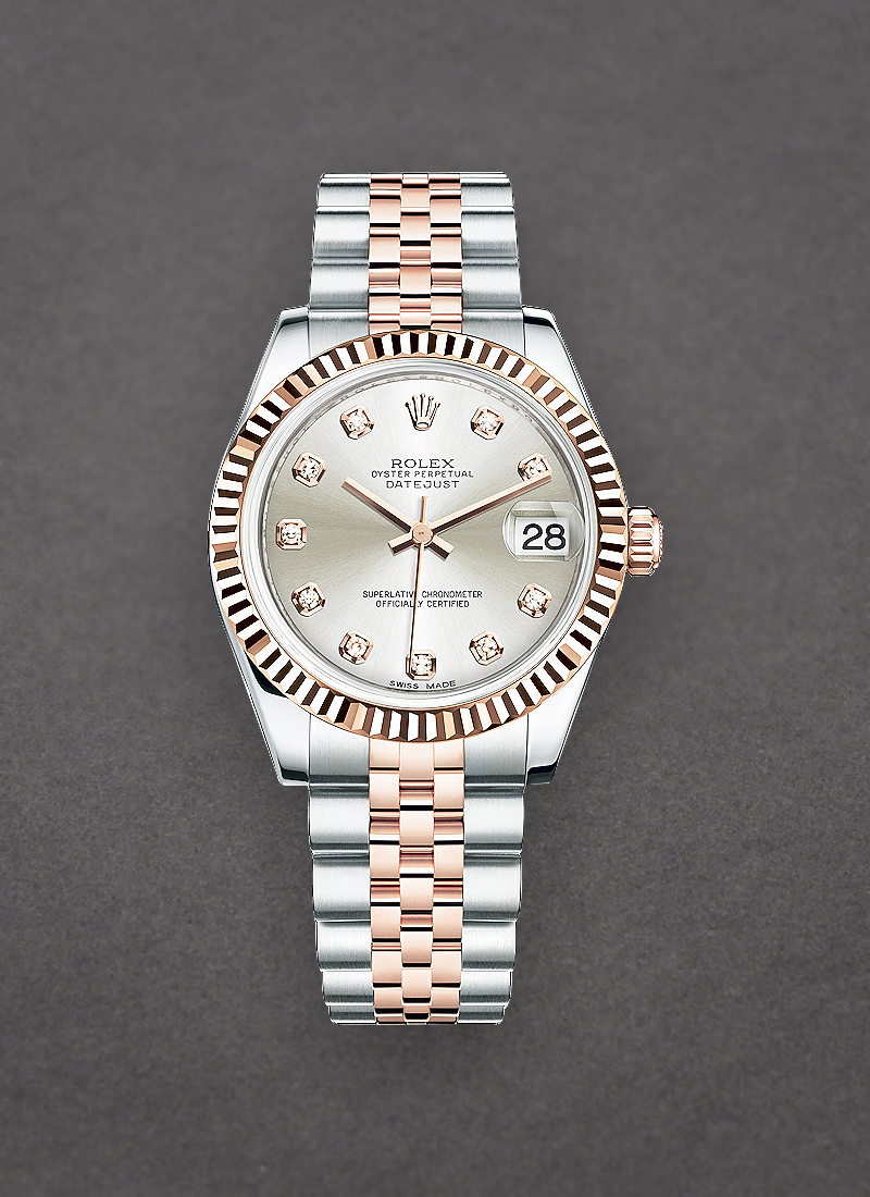 Rolex Unworn Mid Size Datejust 31mm in Steel with Rose Gold Fluted Bezel