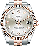 Mid Size Datejust 31mm in Steel with Rose Gold Fluted Bezel on Jubilee Bracelet with Silver Diamond Dial