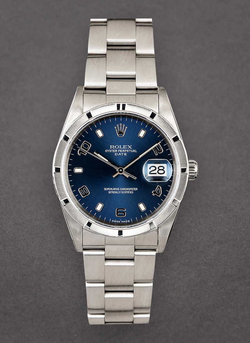 Pre-Owned Rolex Date 34mm in Steel with Engine Turned Bezel