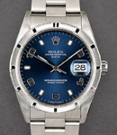 Date 34mm in Steel with Engine Turned Bezel on Oyster Bracelet with Blue Arabic Dial