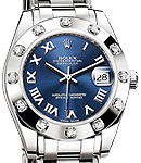 Mid Size Masterpiece 34mm in White Gold with 12 Diamond Bezel on Pearlmaster Bracelet with Blue Roman Dial