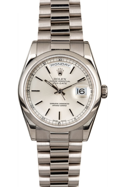 Pre-Owned Rolex President Day-Date 36mm in White Gold wtih Smooth Bezel