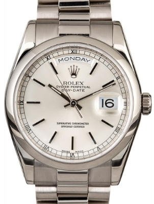President Day-Date 36mm in White Gold wtih Smooth Bezel on President Bracelet with Silver Stick Dial