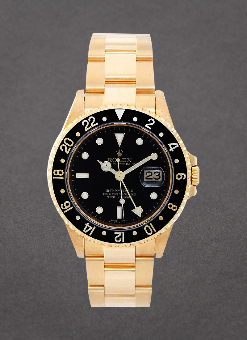 Pre-Owned Rolex GMT Master II in Yellow Gold Ref 16718 with Black Bezel