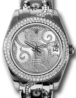 Mid Size Masterpiece Arabesque 34mm in White Gold with Diamond Bezel on Pearlmaster Bracelet with Pave Diamond Dial
