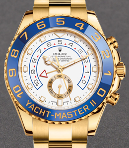 Yacht-Master II in Yellow Gold with Mercedes Hands on Oyster Bracelet with White Arabic Dial