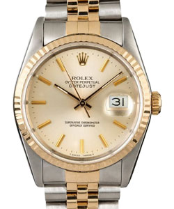 2-Tone Datejust 36mm in Steel with Yellow Gold Fluted Bezel on Jubilee Bracelet with Silver Stick Dial