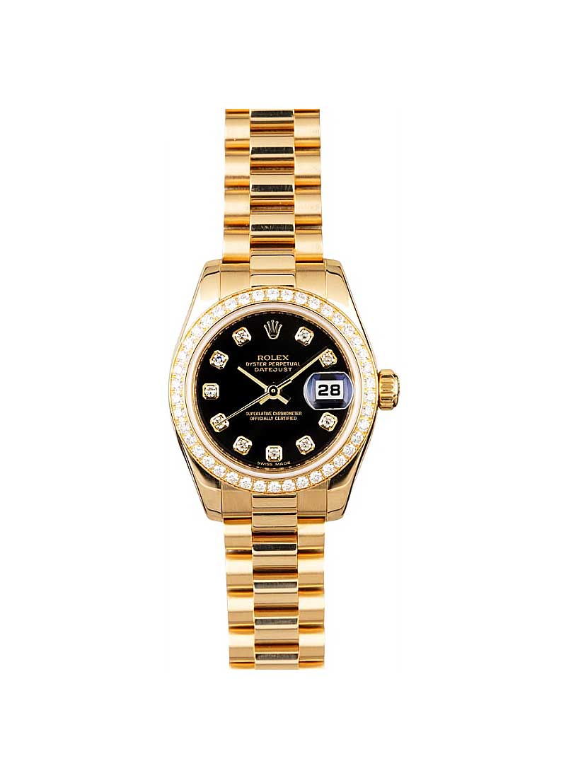 Pre-Owned Rolex Ladies President 26mm in Yellow Gold with Diamond Bezel