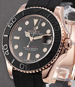 37mm Yacht Master in Rose Gold on Rubber Strap with Black Dial