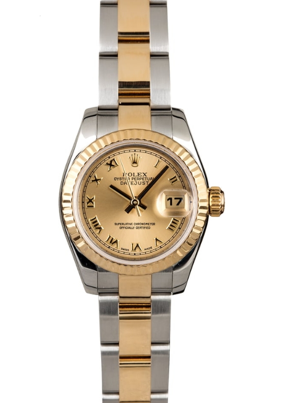 Ladies 2-Tone Datejust 26mm in Steel with Yellow Gold Fluted Bezel on Oyster Bracelet with Champagne Roman Dial