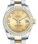 Mid Size Datejust 31mm in Steel with Yellow Gold Diamond Bezel on Oyster Bracelet with Champagne Roman Dial