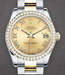 Mid Size Datejust 31mm in Steel with Yellow Gold Diamond Bezel on Oyster Bracelet with Champagne Roman Dial