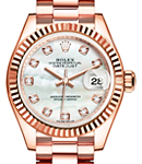 Ladies Datejust 28mm in Rose Gold with Fluted Bezel on President Bracelet with Mother of Pearl Diamond Dial