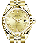 Ladies Datejust 28mm in Yellow Gold with Fluted Bezel on Jubilee Bracelet with Champagne Roman Dial