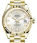 Ladies Datejust 28mm in Yellow Gold with Fluted Bezel on President Bracelet with Silver Diamond Dial