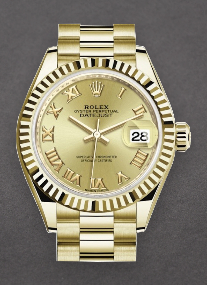 Rolex Unworn Ladies President 28mm in Yellow Gold with Fluted Bezel