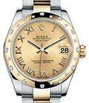 2-Tone Midsize Datejust 31mm in Steel with Yellow Gold 24 Diamond Bezel on Oyster Bracelet with Champagne Roman Dial