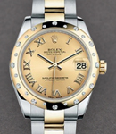 2-Tone Midsize Datejust 31mm in Steel with Yellow Gold 24 Diamond Bezel on Oyster Bracelet with Champagne Roman Dial
