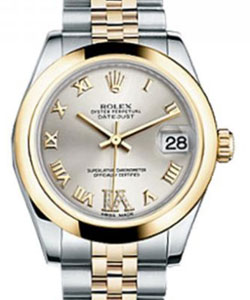 Mid Size 2-Tone DateJust 31mm in Steel with Yellow Gold Smooth Bezel on Jubilee Bracelet with Silver Roman Dial