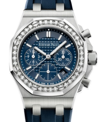 Royal Oak Offshore Chronograph in Steel with Diamond Bezel On Blue Rubber Strap with Blue Dial