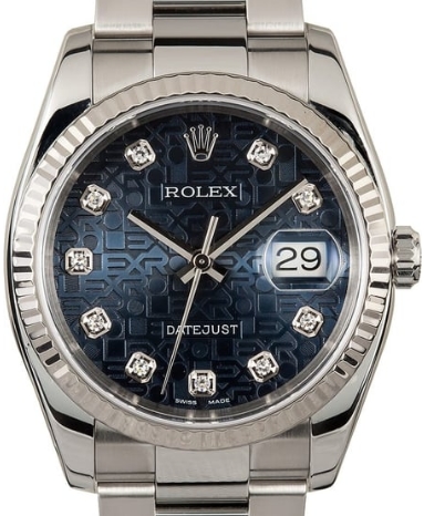Datejust 36mm in Steel with White Gold Fluted Bezel  on Oyster Bracelet with Blue Jubilee Diamond Dial