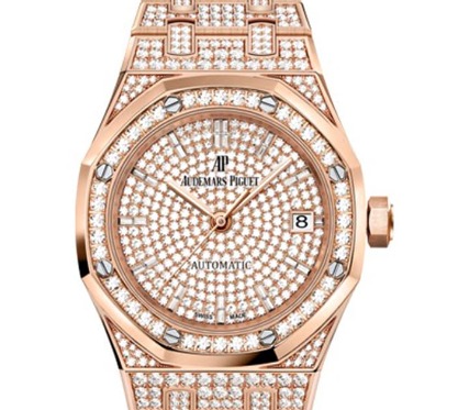 Royal Oak  in Rose Gold with Diamonds Bezel on Rose Gold Diamond Bracelet with Pave Diamond Dial