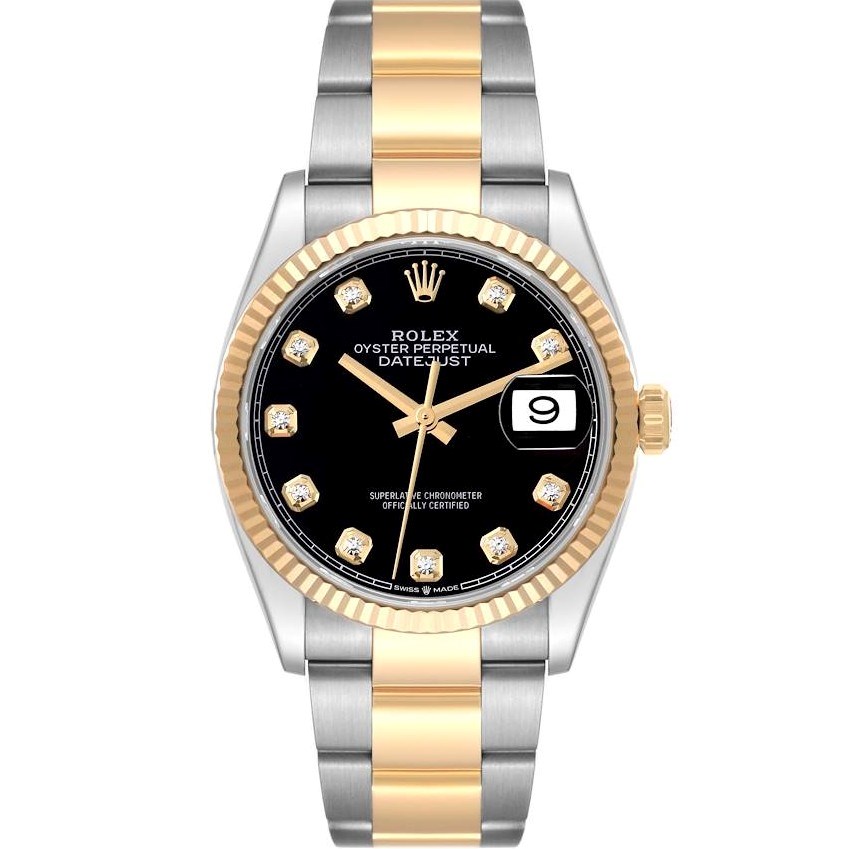 Datejust 36mm in Steel with Yellow Gold Fluted Bezel on Oyster Bracelet with Black Diamond Dial