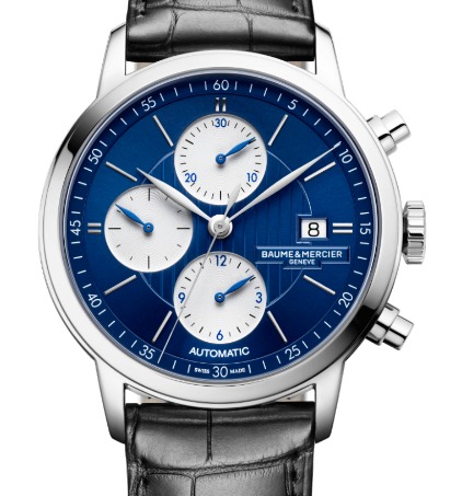 Classima Executives Chronograph in Steel on Black Alligator Leather Strap with Blue Dial