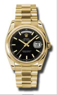 President - 36mm - Yellow Gold - Smooth Bezel on President Bracelet with Black Stick Dial