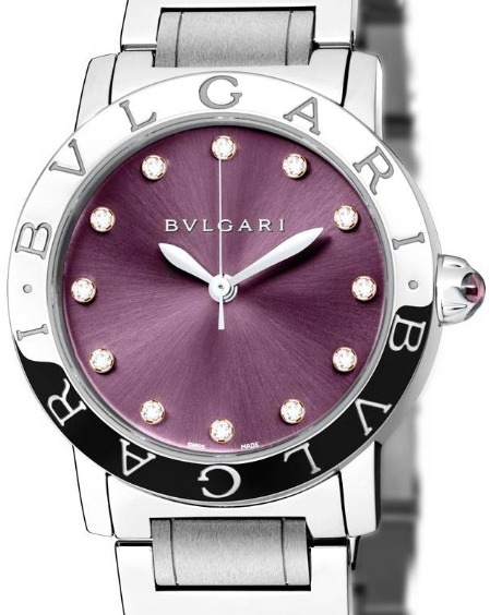 Bvlgari 26mm in Steel On Steel Bracelet with Purple and Diamond Hours Mark Dial