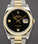 Datejust 36mm in Steel with Yellow Gold Smooth Bezel on Oyster Bracelet with Black Onyx Dial Arabic 6 and 9 with Diamond