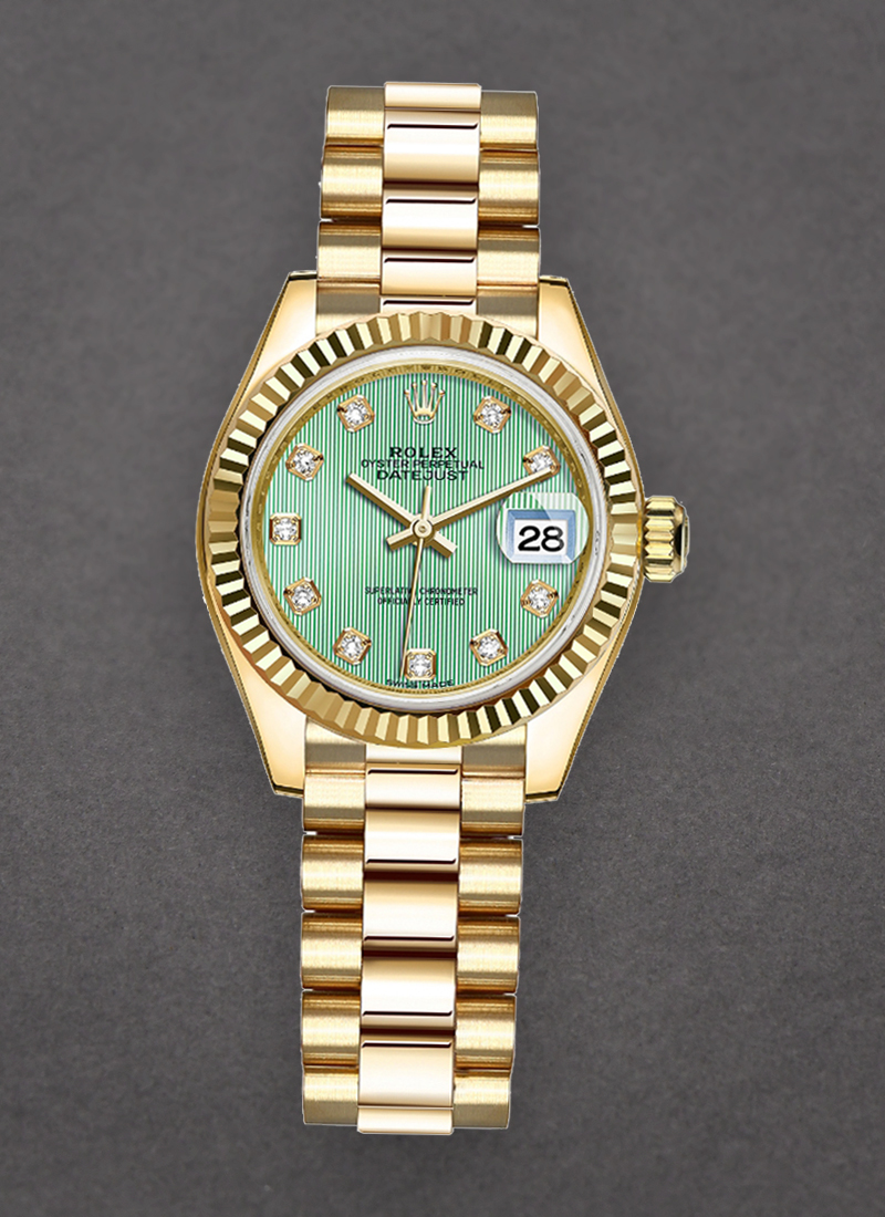 Rolex Unworn President 28mm in Yellow Gold with Fluted Bezel