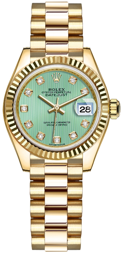 President 28mm in Yellow Gold with Fluted Bezel on President Bracelet with Mint Green Stripe Dial