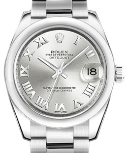 Mid Size Datejust in Steel with Smooth Bezel on Oyster Bracelet with Silver Roman Dial