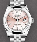 Mid Size Datejust in Steel with Smooth Bezel on Jubilee Bracelet with Pink Stick Dial